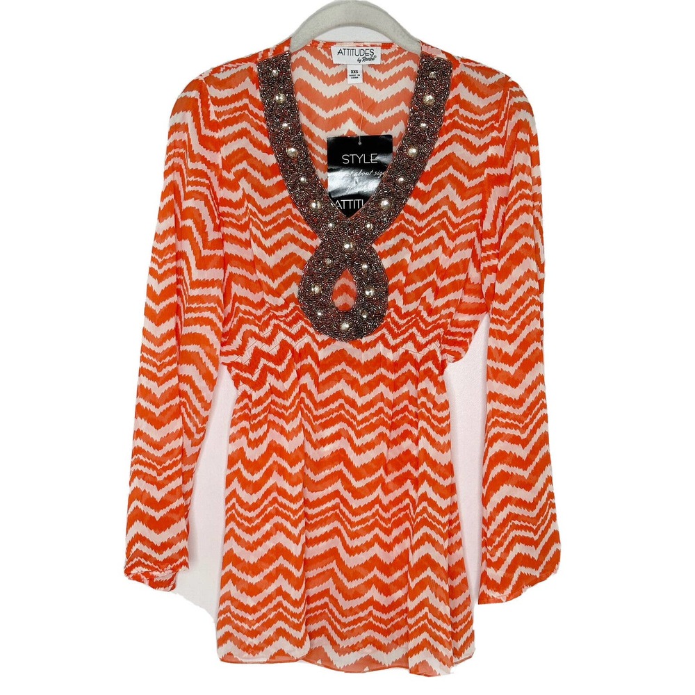 NWT Attitudes by Renee Long Sleeve Beaded Sheer Orange Chevron Top Blouse XS